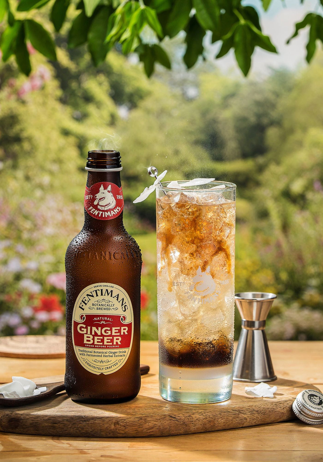 A bottle of Fentimans Ginger Beer beside a highball cocktail in a garden setting.